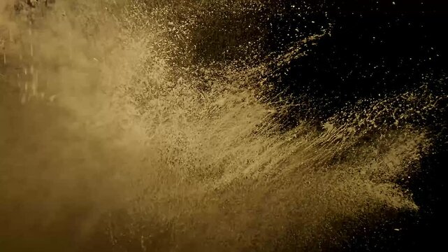 dramatic explosion dust debris captured stunning 4K impact ofpowder againstblack background particles flying outwards slow motion perfect highimpact visual effects temperature up water
