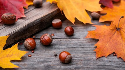 A rustic scene of a wooden bench surrounded by scattered acorns and a vibrant array of colorful autumn leaves