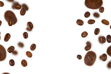 falling coffee beans closeup frame isolated on white or transparent png