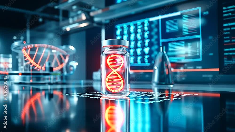 Poster a transparent vial containing a luminous dna helix, set on a metallic lab table surrounded by advanc