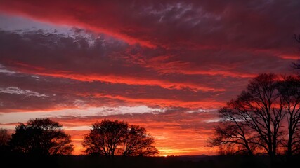 Naklejka premium A bold, fiery sunset sky with deep crimson red hues dominating the horizon, with silhouetted trees and the last light of the day fading 