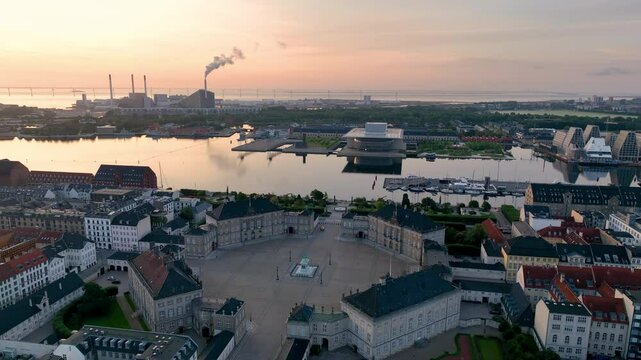 4K Aerial video of Copenhagen in Denmark at sunrise. Amalienborg