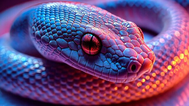 Close-up view of colorful python with hypnotic eyes under neon light