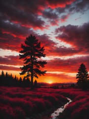 Obraz premium A bold, fiery sunset sky with deep crimson red hues dominating the horizon, with silhouetted trees and the last light of the day fading 