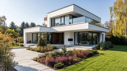 A contemporary white house with modern architecture in a suburban neighborhood in Poland.