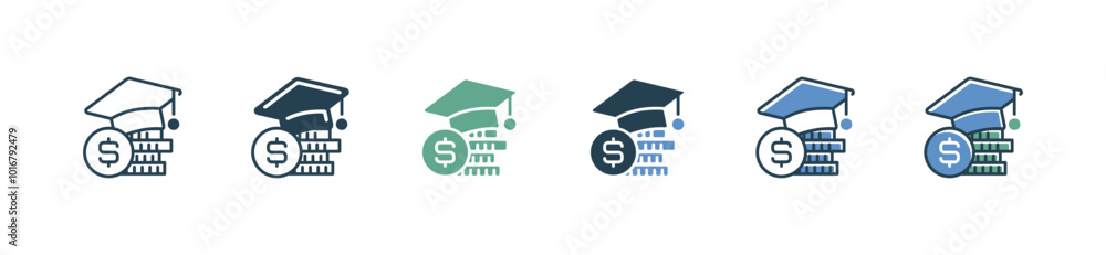 Poster graduation cap with coin stack icon set university cost scholarship tuition study financial vector i