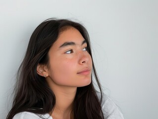Fototapeta premium pensive latina student young woman with long dark hair gazing thoughtfully to the side. soft lighting, clean white background. subtle emotion, contemplative mood.