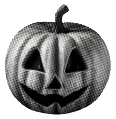 halloween pumpkin with carved face isolated retro halftone grunge dotted effect cut-out collage element classic jack-o’-lantern for mixed media autumn celebrations holiday graphic design