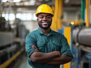 portrait of cheerful african american factory worker. wearing hard hat and work clothes, standing confidently beside production line. industrial setting with warm, natural lighting.