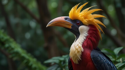 Obraz premium A close-up portrait of a colorful bird with a long beak and a yellow crest, looking to the side against a green, leafy background.
