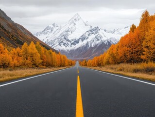 Karakoram Highway surrounded by vibrant autumn foliage, with snow-covered peaks in the background, Autumn on Karakoram, Scenic, vibrant, seasonal