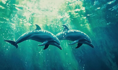 Obraz premium Two dolphins swim side by side in the ocean, sunlight filtering through the water.