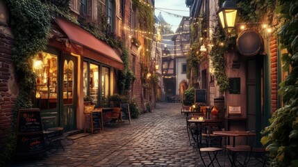Naklejka premium Charming cobblestone street with cafe tables and string lights at twilight