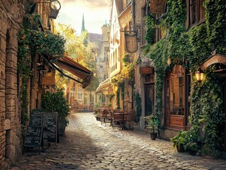 Fototapeta premium Charming Cobblestone Street in European City with Outdoor Cafe