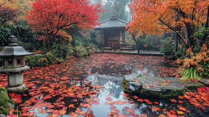 Japanese Garden Pond Autumn Leaves Fall Foliage