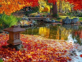 Obraz premium Autumn Leaves and Stone Lantern by Pond