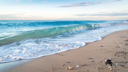 A photo of a beautiful soft blue ocean wave gently rolling onto a fine sandy beach. The wave is clear and has a gradient of blue shades. As it approaches the shore, the wave starts to break