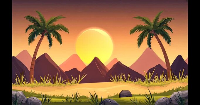 A cartoon-style background of an oasis with palm trees and grass, with small rocks in the foreground. The setting sun is visible on one side behind low mountains. There should be no shadows or text. I