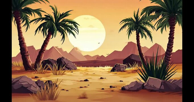 A cartoon-style background of an oasis with palm trees and grass, with small rocks in the foreground. The setting sun is visible on one side behind low mountains. There should be no shadows or text. I