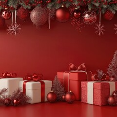 Red background with a red Christmas. Red Christmas decorations, Merry Christmas card. Winter holiday theme. Happy New Year.