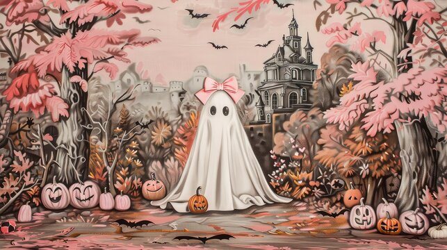A ghost in a pink forest with pumpkins and bats.