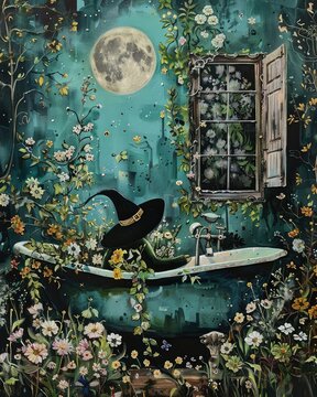 A witch bathes in a moonlit garden.