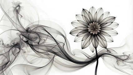 Swirling smoke creates a delicate flower on the monochrome palette. The contrast between the intricate floral design and the fluidity of the smoke with harmonious and elegant,with copy spaces. AI gene
