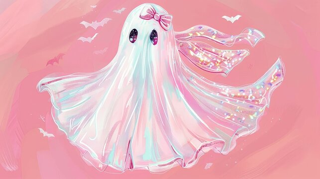 Cute ghost with pink bow and flowing scarf.