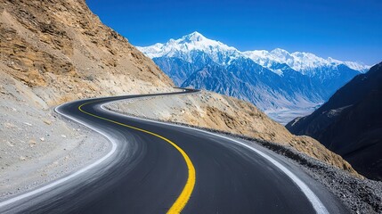 Karakoram Highway along a steep mountain edge, with dramatic drop-offs and breathtaking views, Cliffside Karakoram road, Adventurous, scenic, thrilling