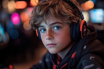 energetic boy immersed in gaming at a club illuminated by neon lights showcasing excitement and passion for technology and gaming culture