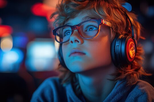 energetic boy immersed in gaming at a club illuminated by neon lights showcasing excitement and passion for technology and gaming culture