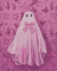 Pink ghost with bow on pink background.