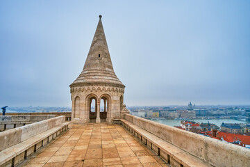 Walk along the viewing terrace of Fisherman's Bastion in Budapest, Hungary