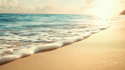 Obraz premium a dreamy tropical beach scene, softly blurred, with gentle waves lapping at golden sands under a bright sun, evoking feelings of relaxation and summer vacation bliss
