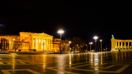The colonnade of the Millennium Monument on Heroes Sqaure and Fine Arts Museum, Budapest, Hungary