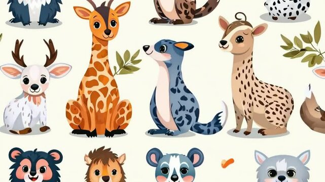 Colorful Cartoon Animals in a Grid Pattern Featuring Giraffe, Deer, Leopard, Dog, and More, with Exaggerated Features and Playful Expressions, Against a Plain Background, 4K