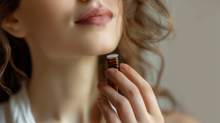 Woman smell natural essential aroma oil close up	