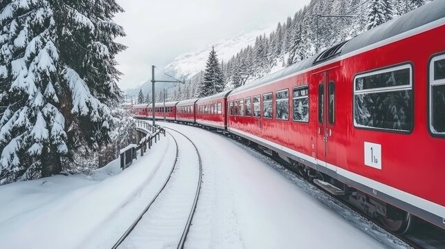 A beautiful red train travels over a stone bridge surrounded by stunning winter landscapes in the Swiss mountains, highlighting exceptional views and serene snow-covered scenery