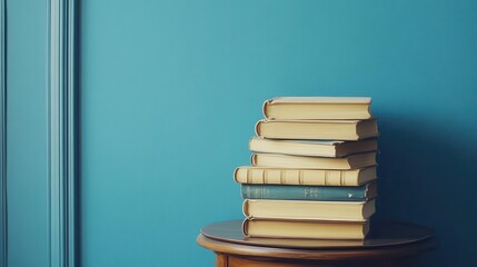 Fototapeta premium a nostalgic stack of books resting on a table next to a blue wall, presented in a retro vintage style that evokes a sense of warmth and timeless charm