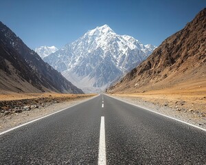 Fototapeta premium Karakoram Highway crossing through a rugged, rocky landscape with dramatic cliffs towering above, Rugged Karakoram, Scenic, adventurous, rugged