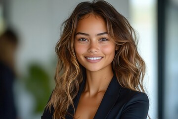 Fototapeta premium energetic young professional woman with a joyful smile arms crossed against a bright white backdrop exuding confidence and success in a corporate setting