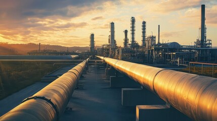 a vast oil and gas pipeline installation amidst the refining process, showcasing industrial machinery and the complex movement of resources, illustrating modern energy production practices