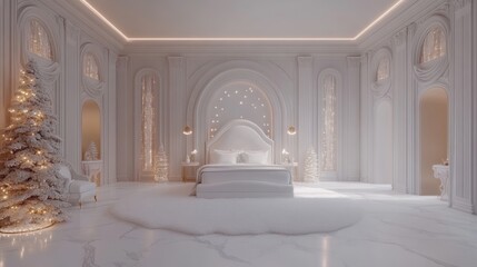 White Christmas Bedroom Interior Design with Snow Covered Tree