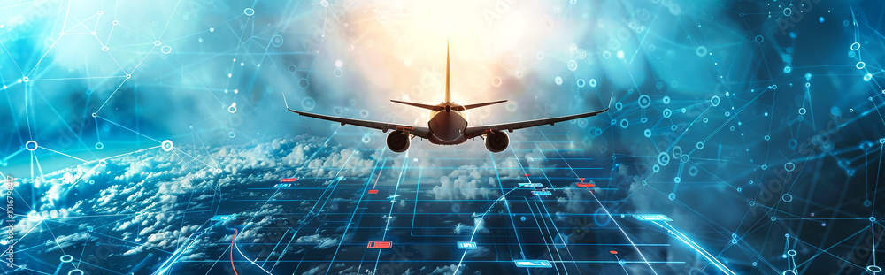 Aufkleber aerial perspective of an airplane soaring through a blue sky filled with data visualizations and gra