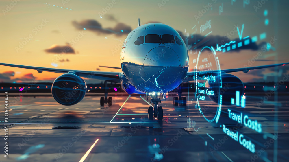 Poster aerial view of an airplane on the runway at twilight with futuristic data overlays emphasizing trave