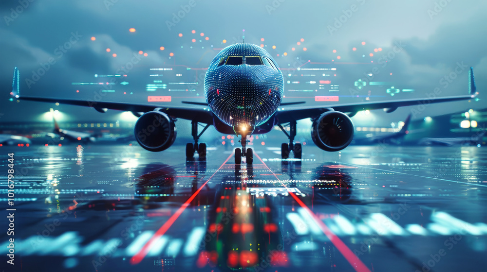 Poster a modern airplane on the runway surrounded by digital holograms displaying flight data and airport e