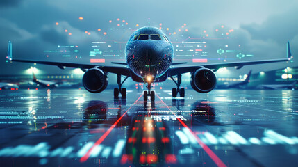 A modern airplane on the runway surrounded by digital holograms displaying flight data and airport elements under a dramatic sky at twilight