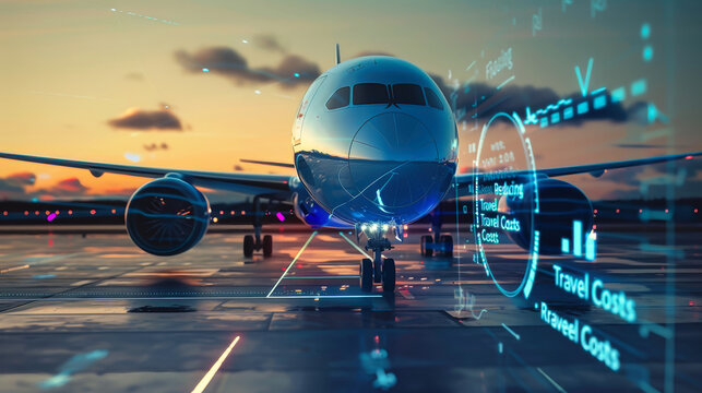 Aerial view of an airplane on the runway at twilight with futuristic data overlays emphasizing travel cost reduction and flight statistics analysis
