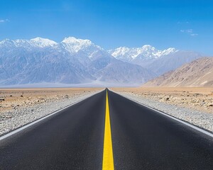 Fototapeta premium Karakoram Highway passing through a dry, rocky desert landscape with distant mountain ranges, Desert Karakoram, Vast, rugged, scenic