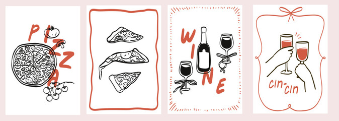 Minimalist hand drawn pizza illustration for wall art collection in simple doodle line style. Pizza and wine kitchen poster, placard, banner or menu design. Italian food and drink vector illustration.